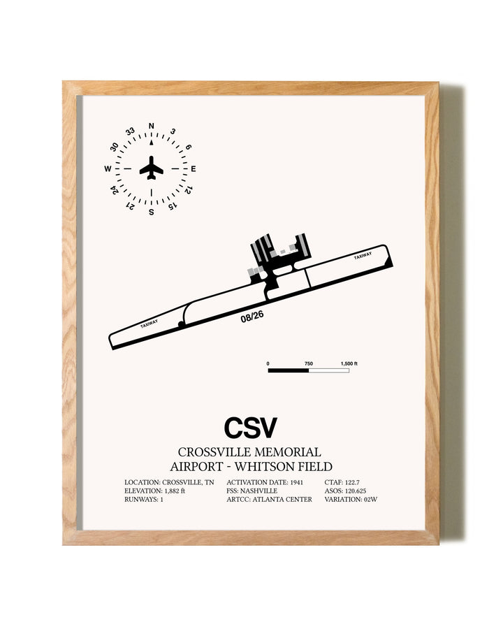Crossville Memorial Airport-Whitson Field framed print in natural wood frame