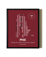 Red Framed Phoenix Sky Harbor International Airport wall art poster in black frame