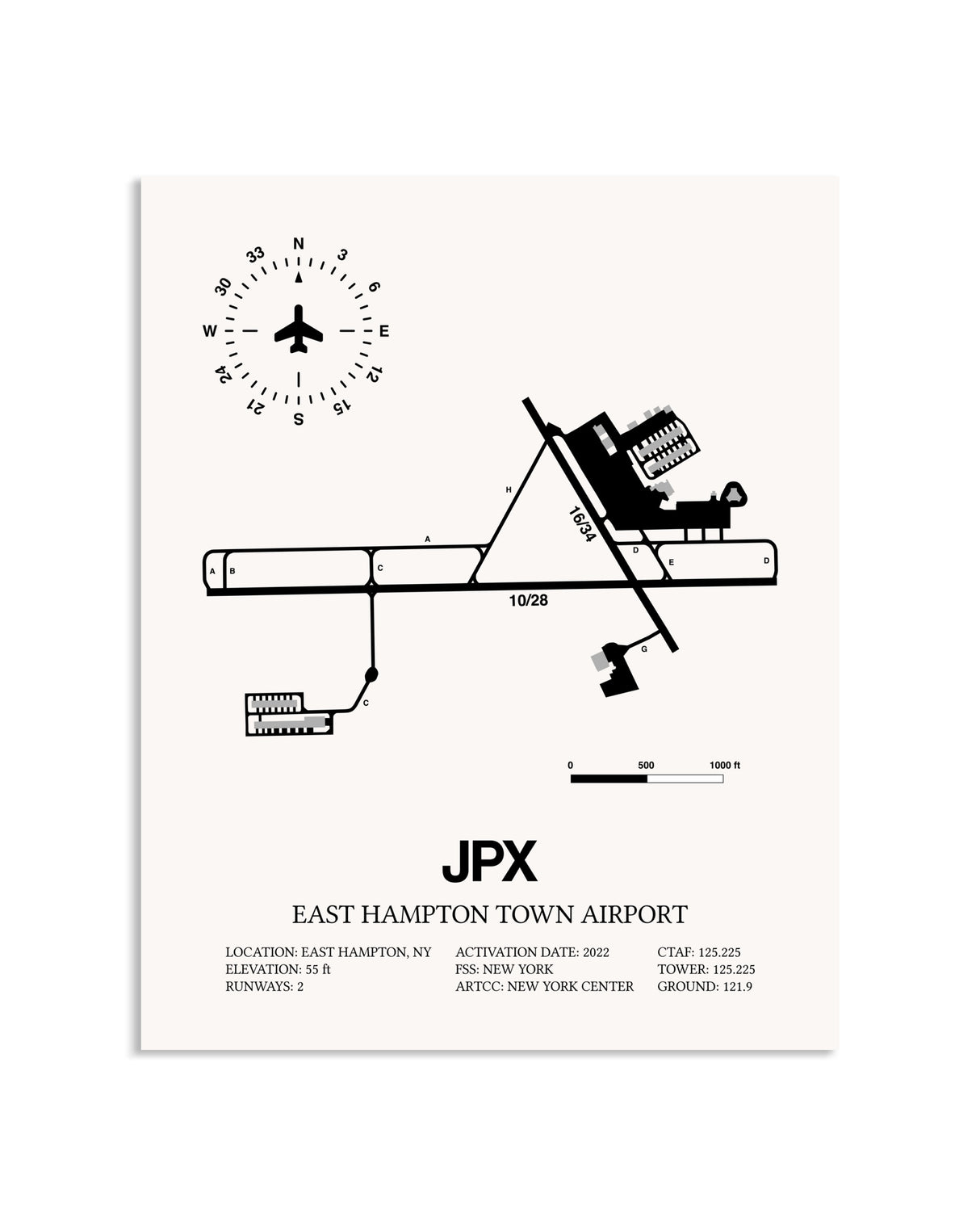 Gray East Hampton Town Airport framed poster displayed in an airplane hangar