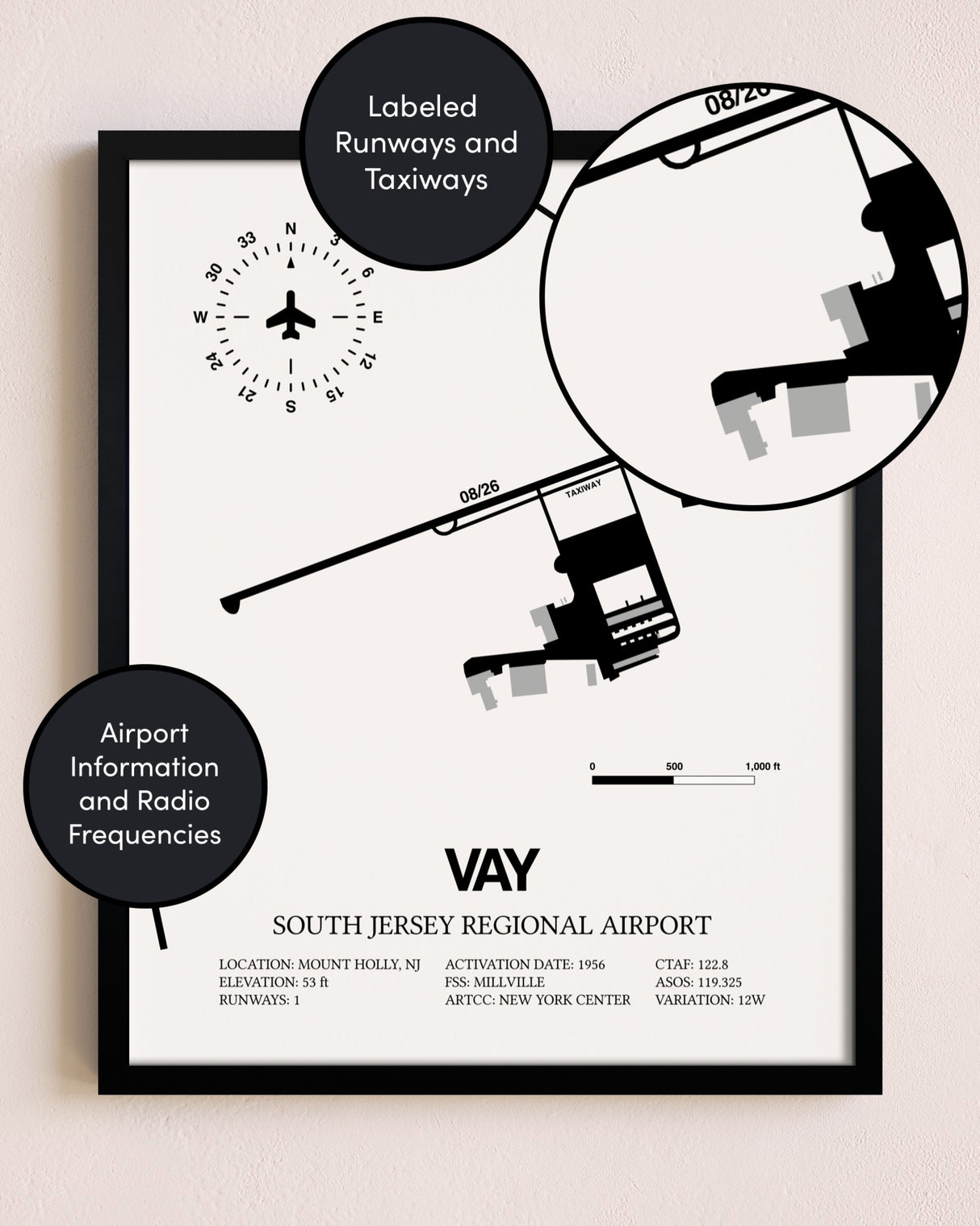 Framed South Jersey Regional Airport layout wall art poster