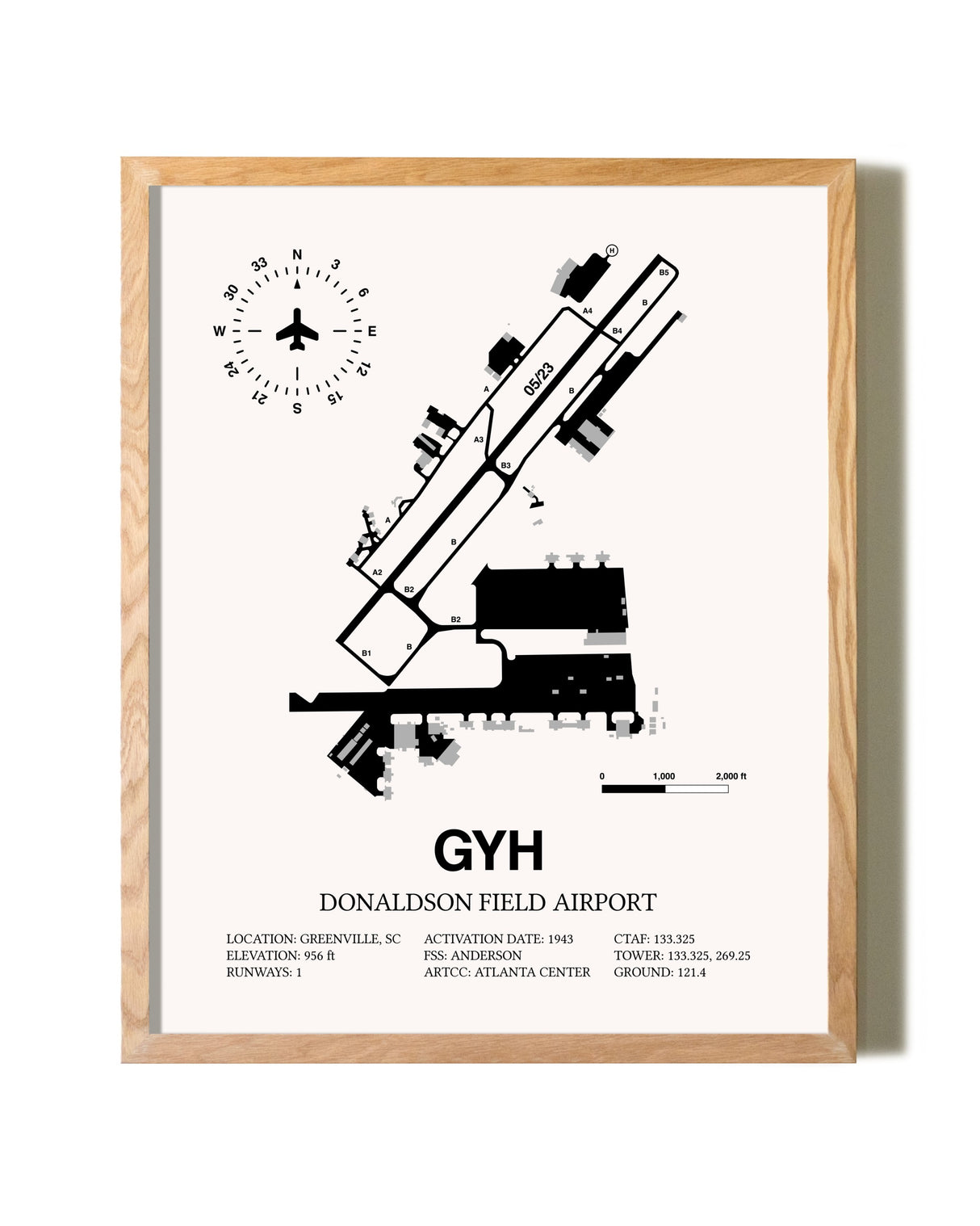 Donaldson Field Airport framed print in natural wood frame