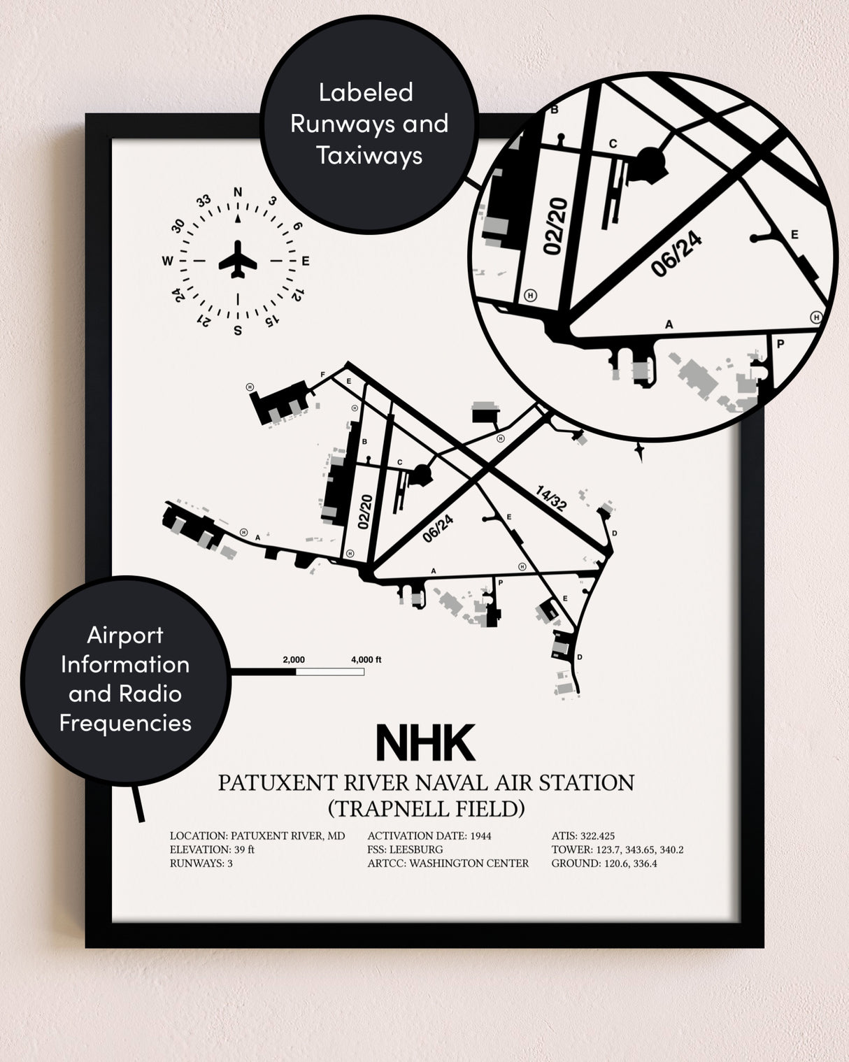 Framed Patuxent River Naval Air Station (Trapnell Field) layout wall art poster
