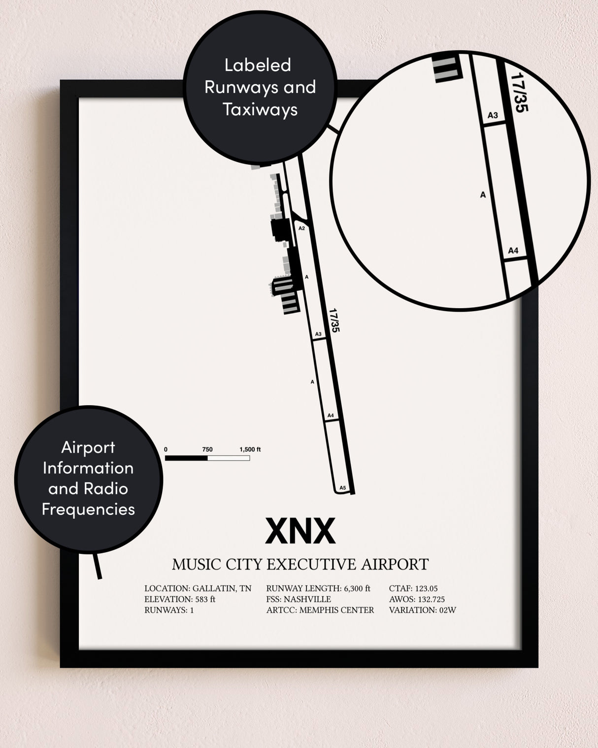Framed Music City Executive Airport layout wall art poster