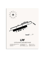 Gray Little Rock Air Force Base framed poster displayed in an airplane hangar