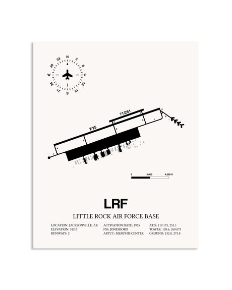 Gray Little Rock Air Force Base framed poster displayed in an airplane hangar