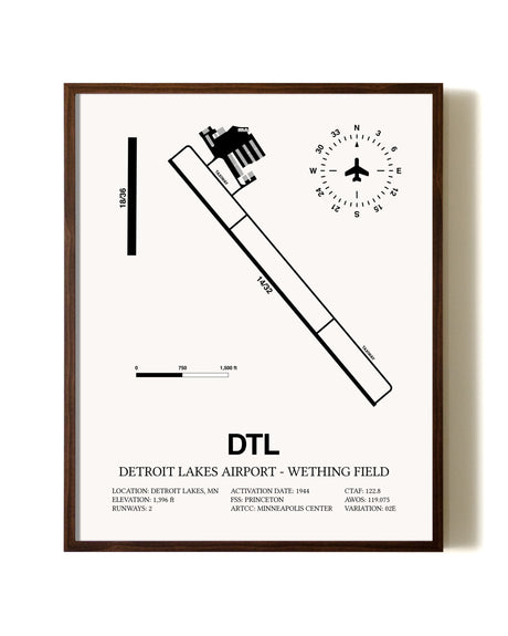 Detroit Lakes Airport-Wething Field aviation print in walnut frame