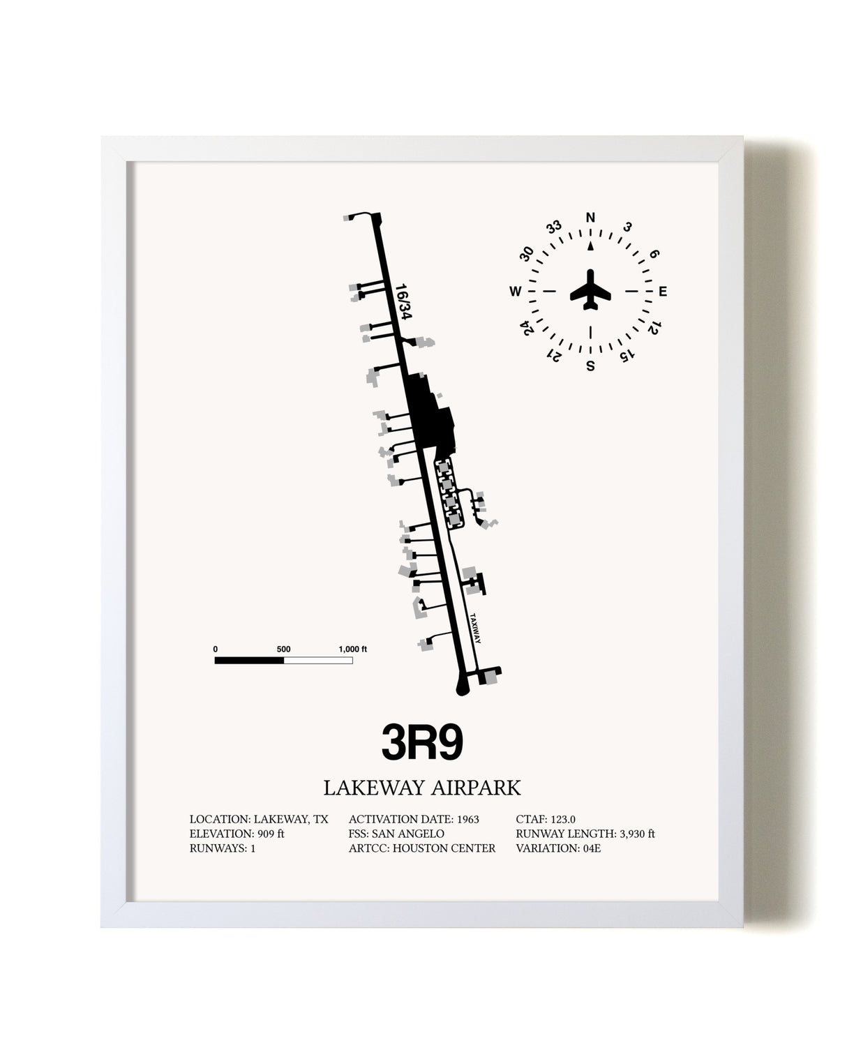 Lakeway Airpark airport map poster in oak frame
