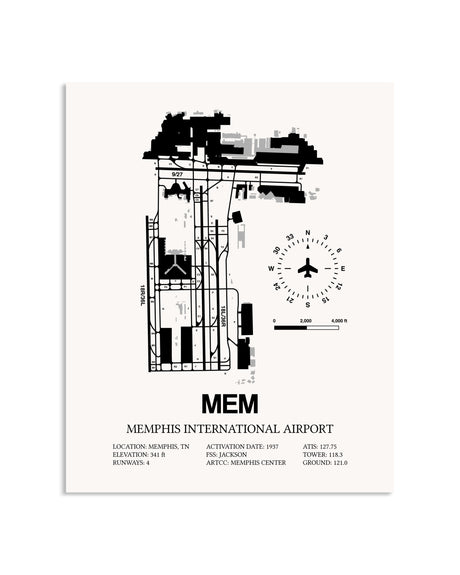 Gray Memphis International Airport framed poster displayed in an airplane hangar