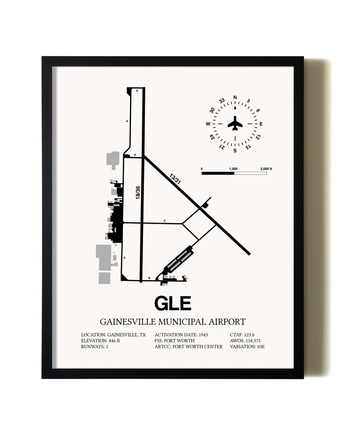 Framed Gainesville Municipal Airport wall art poster in black frame