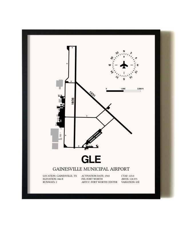 Framed Gainesville Municipal Airport wall art poster in black frame