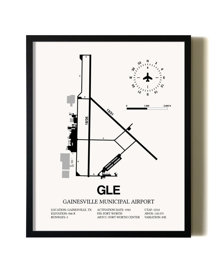 Framed Gainesville Municipal Airport wall art poster in black frame