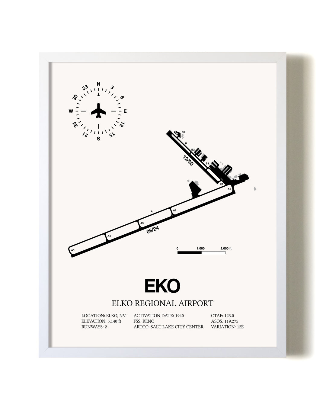 Elko Regional Airport airport map poster in oak frame