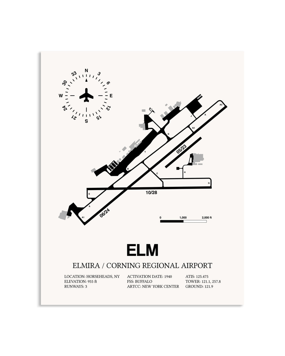 Gray Elmira / Corning Regional Airport framed poster displayed in an airplane hangar