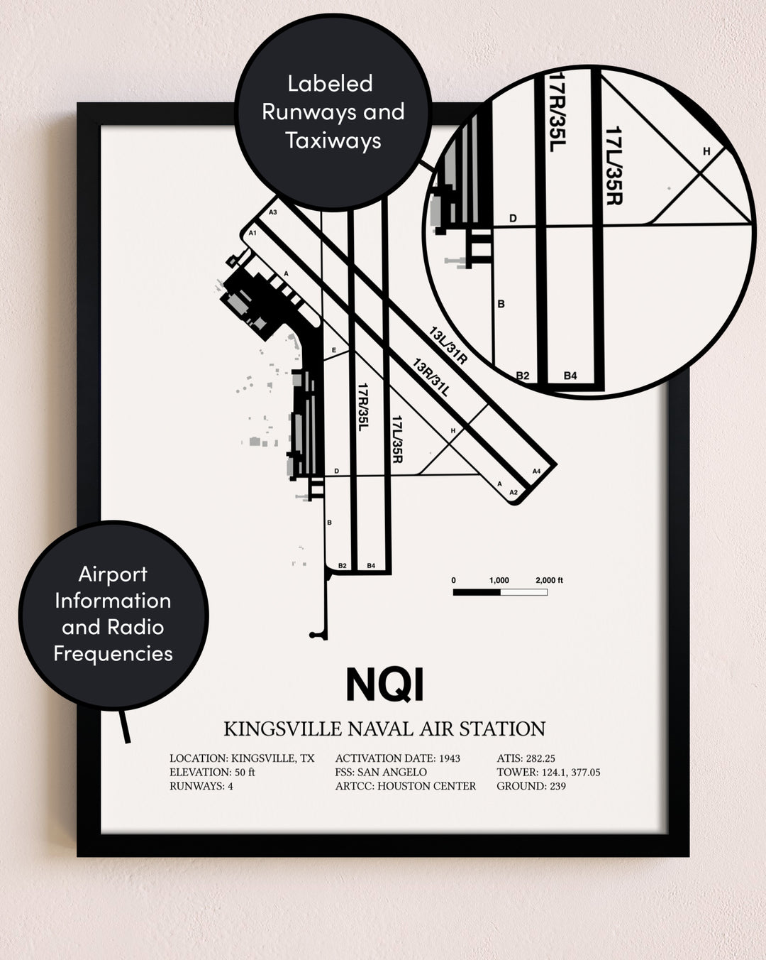 Framed Kingsville Naval Air Station layout wall art poster