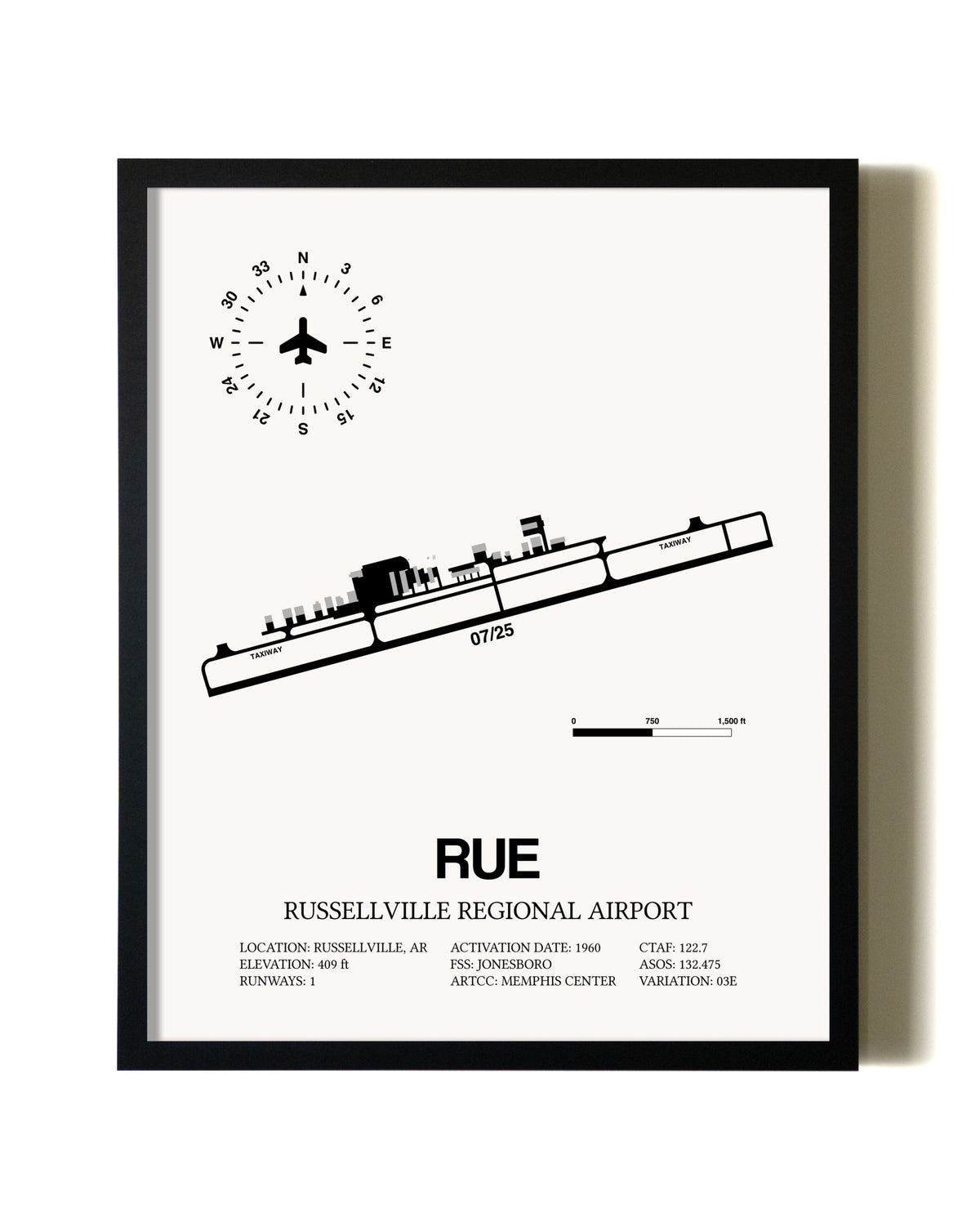 Framed Russellville Regional Airport wall art poster in black frame