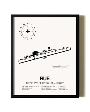 Framed Russellville Regional Airport wall art poster in black frame