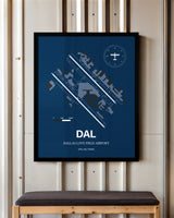 Dallas Love Field Airport framed poster displayed in an airplane hangar
