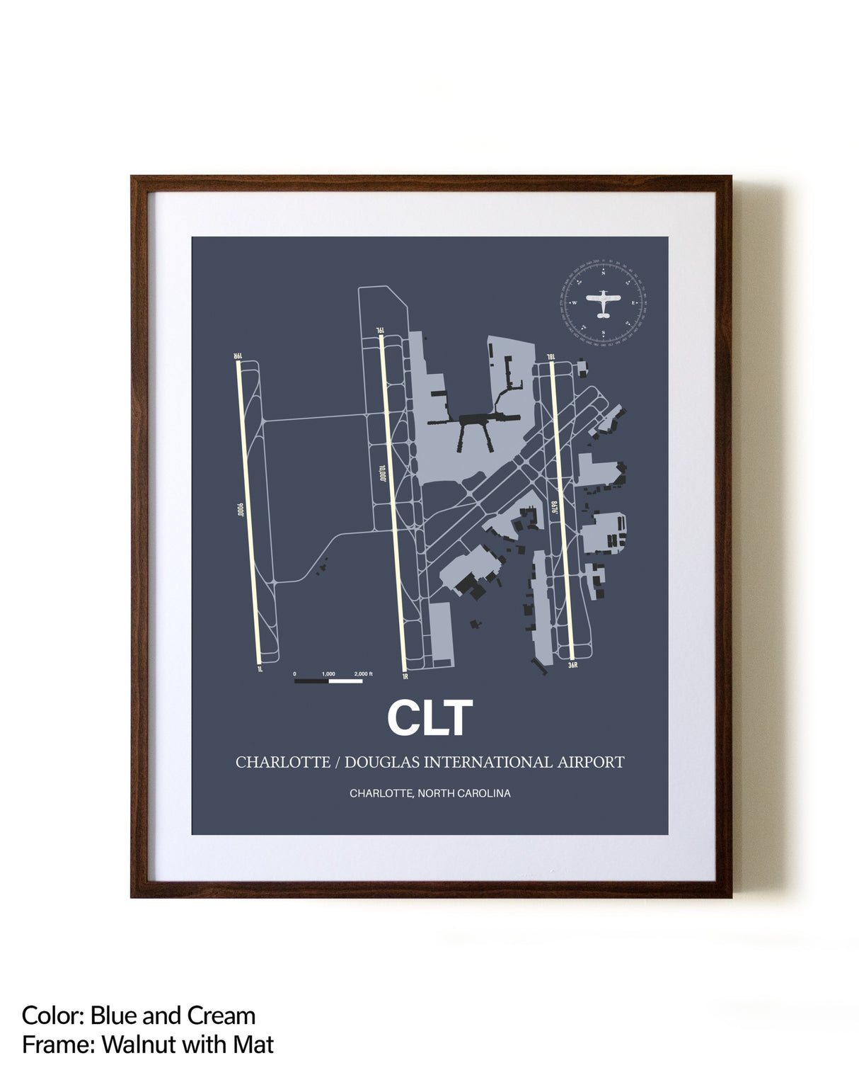 Charlotte / Douglas International Airport aviation print in walnut frame with mat