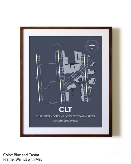 Charlotte / Douglas International Airport aviation print in walnut frame with mat