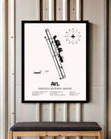 Asheville Regional Airport framed poster displayed in an airplane hangar