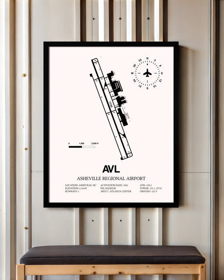 Asheville Regional Airport framed poster displayed in an airplane hangar