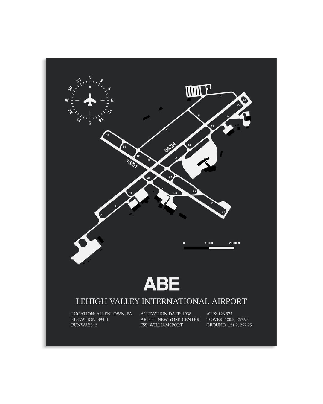 Gray Framed Lehigh Valley International Airport layout wall art poster