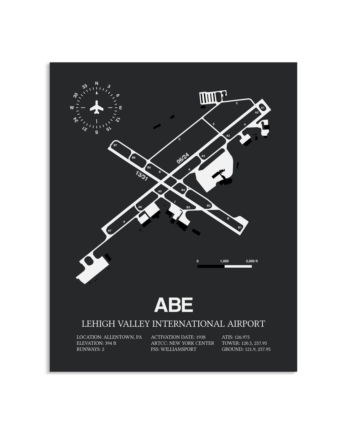 Gray Framed Lehigh Valley International Airport layout wall art poster