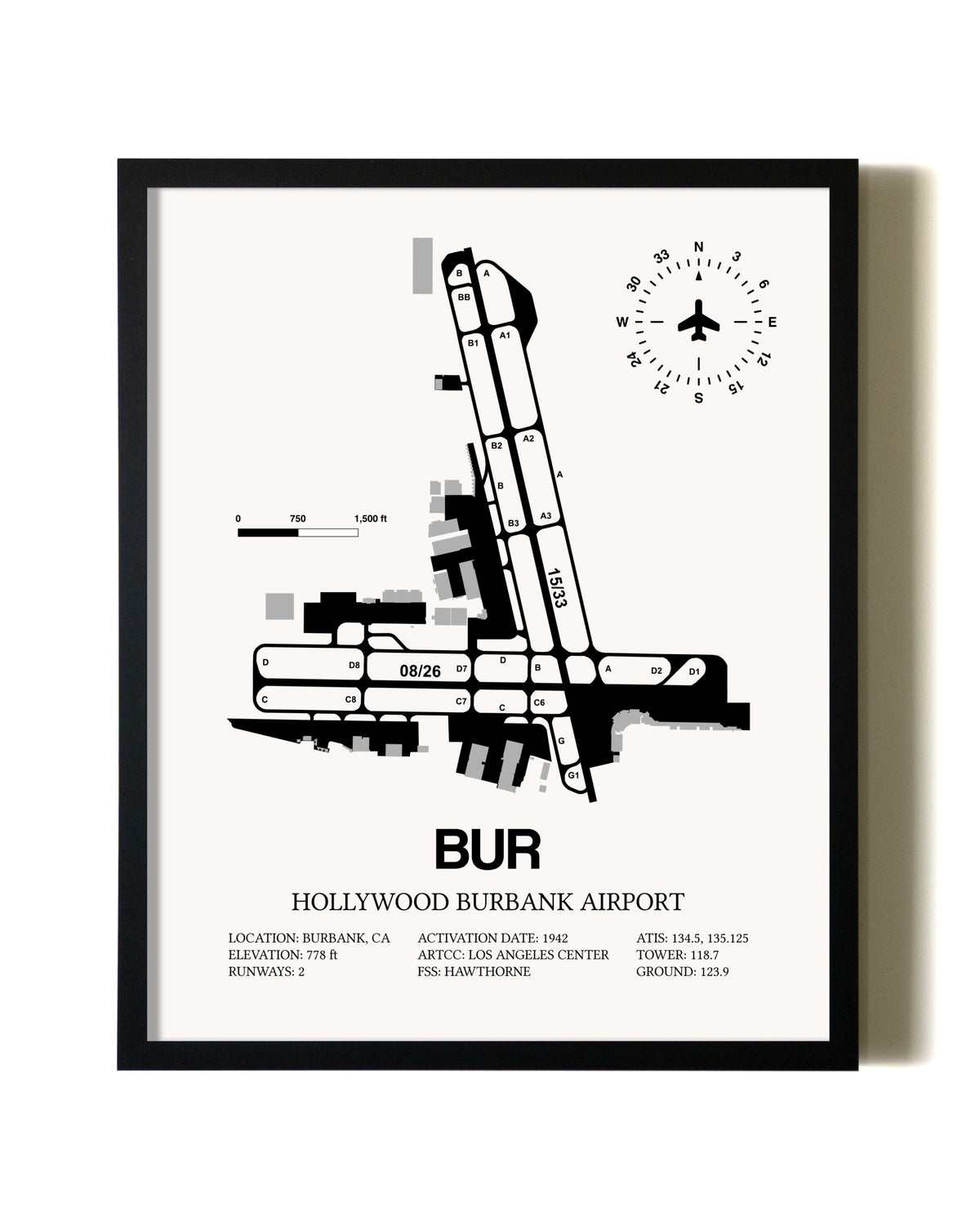 Framed Hollywood Burbank Airport wall art poster in black frame