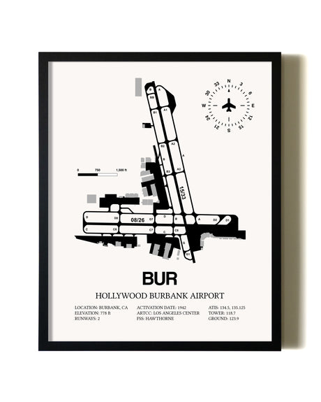 Framed Hollywood Burbank Airport wall art poster in black frame