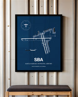 Santa Barbara Municipal Airport framed poster displayed in an airplane hangar