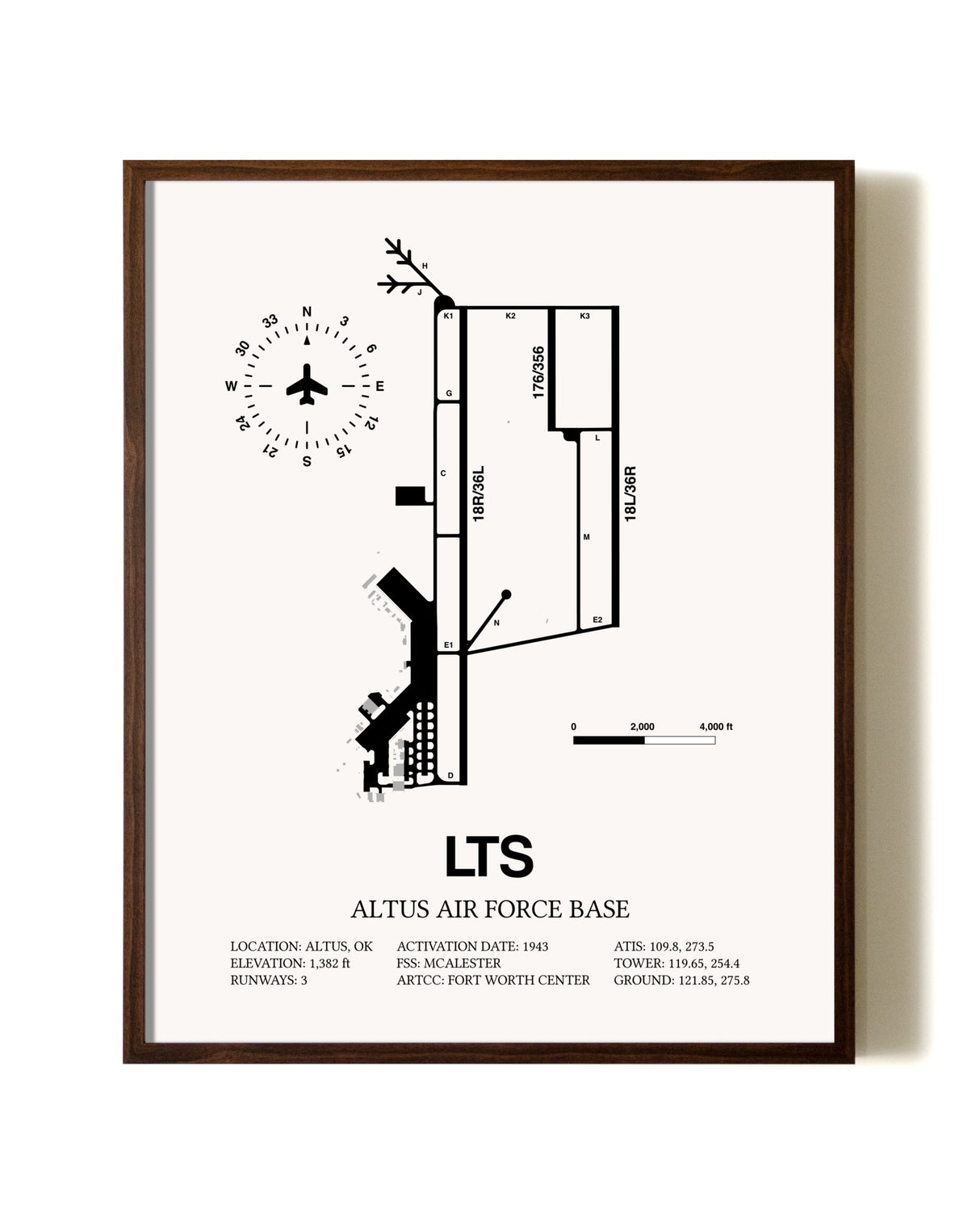 Altus Air Force Base aviation print in walnut frame