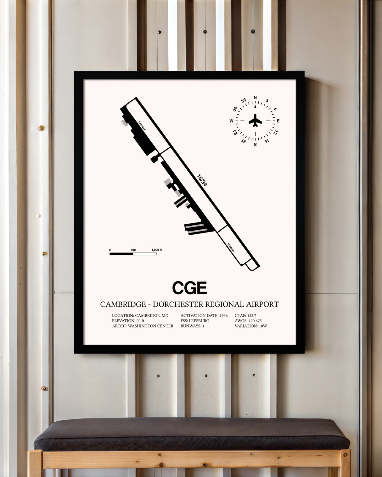 Cambridge-Dorchester Regional Airport framed poster displayed in an airplane hangar