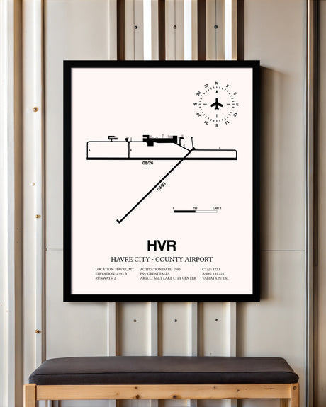Havre City-County Airport framed poster displayed in an airplane hangar