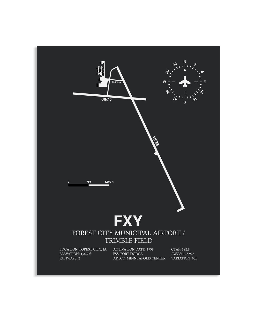 Gray Framed Forest City Municipal Airport / Trimble Field layout wall art poster