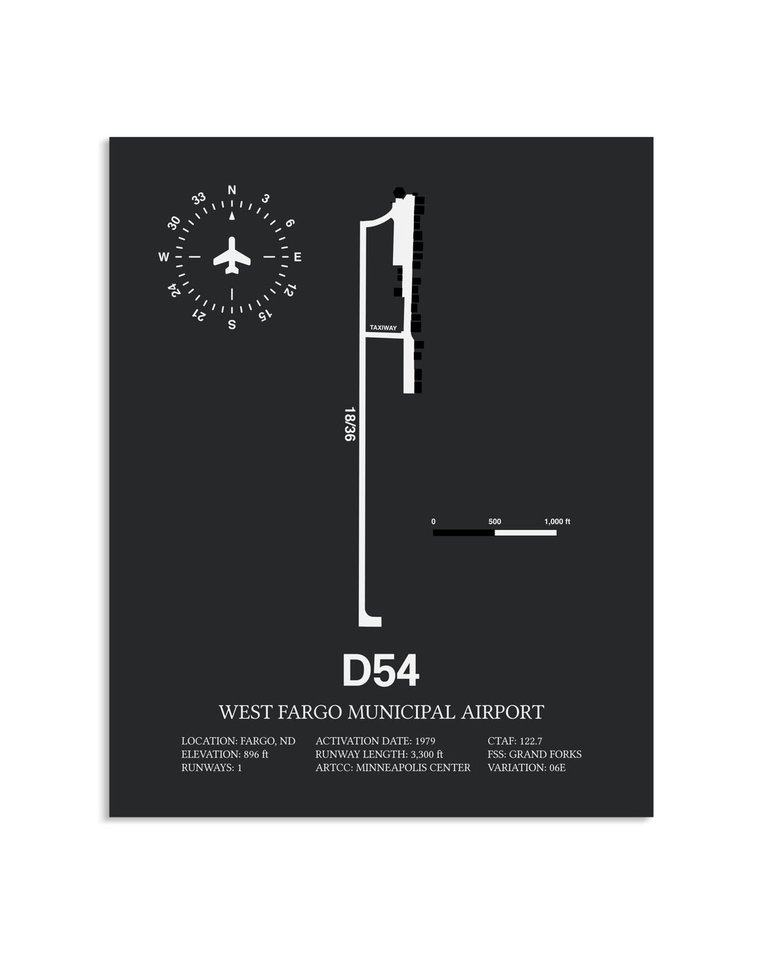 Gray Framed West Fargo Municipal Airport layout wall art poster
