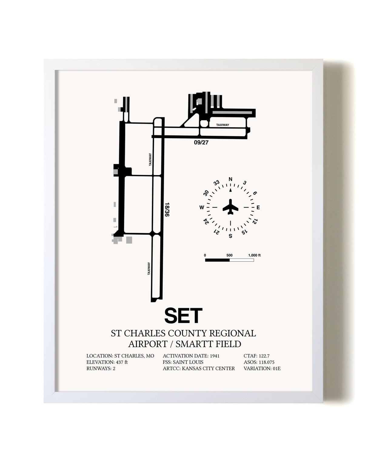 St. Charles County Regional Airport / Smartt Field airport map poster in oak frame