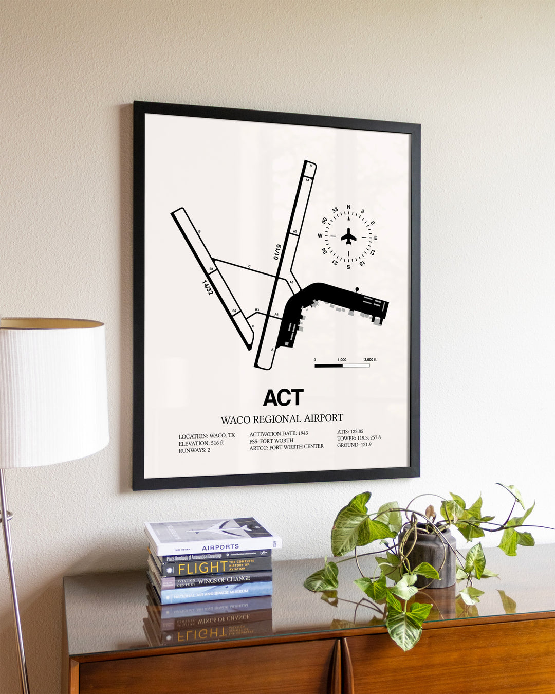 Waco Regional Airport aviation wall décor in black wood frame