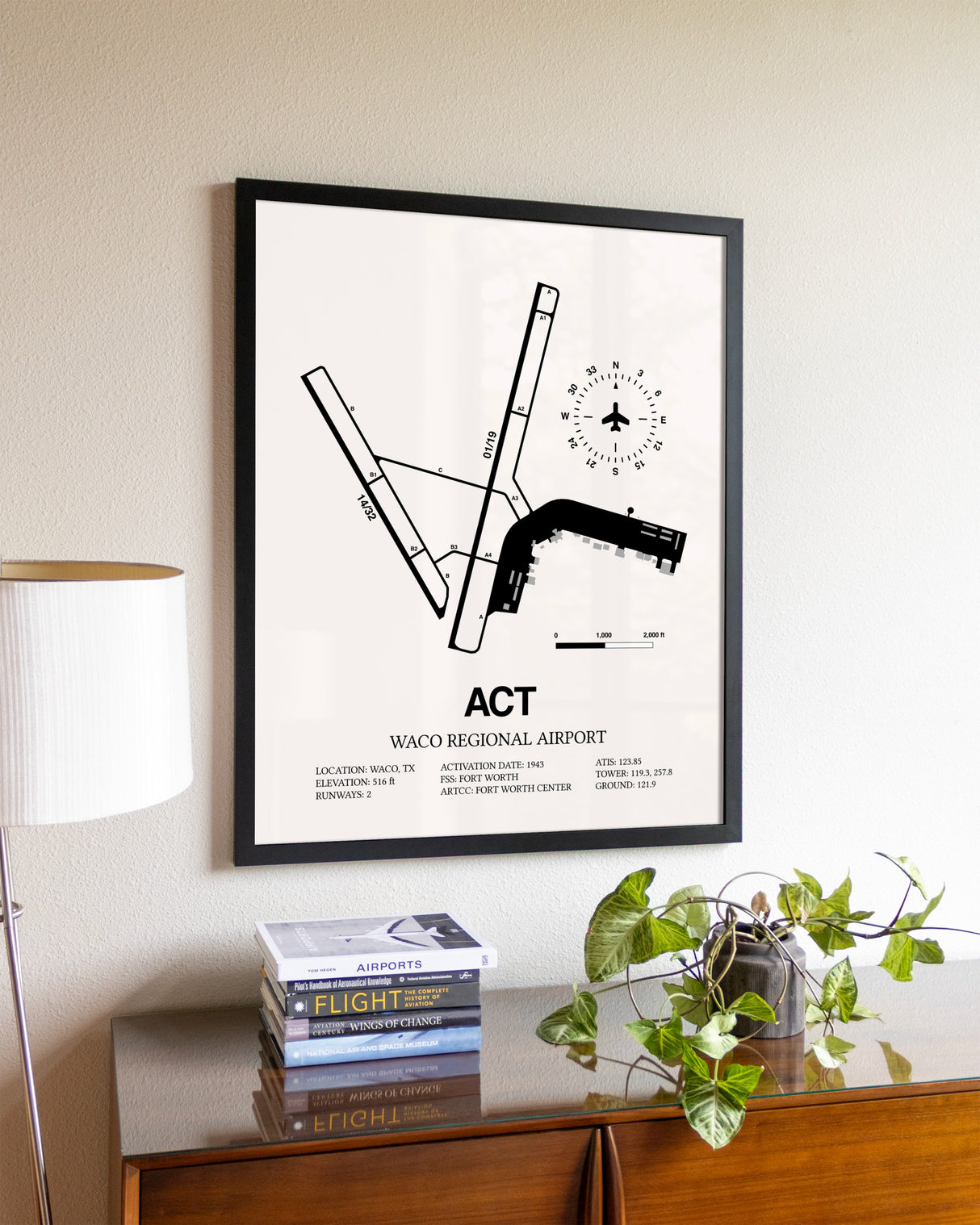 Waco Regional Airport aviation wall décor in black wood frame