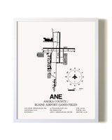 Anoka County/Blaine Airport (Janes Field) airport map poster in oak frame
