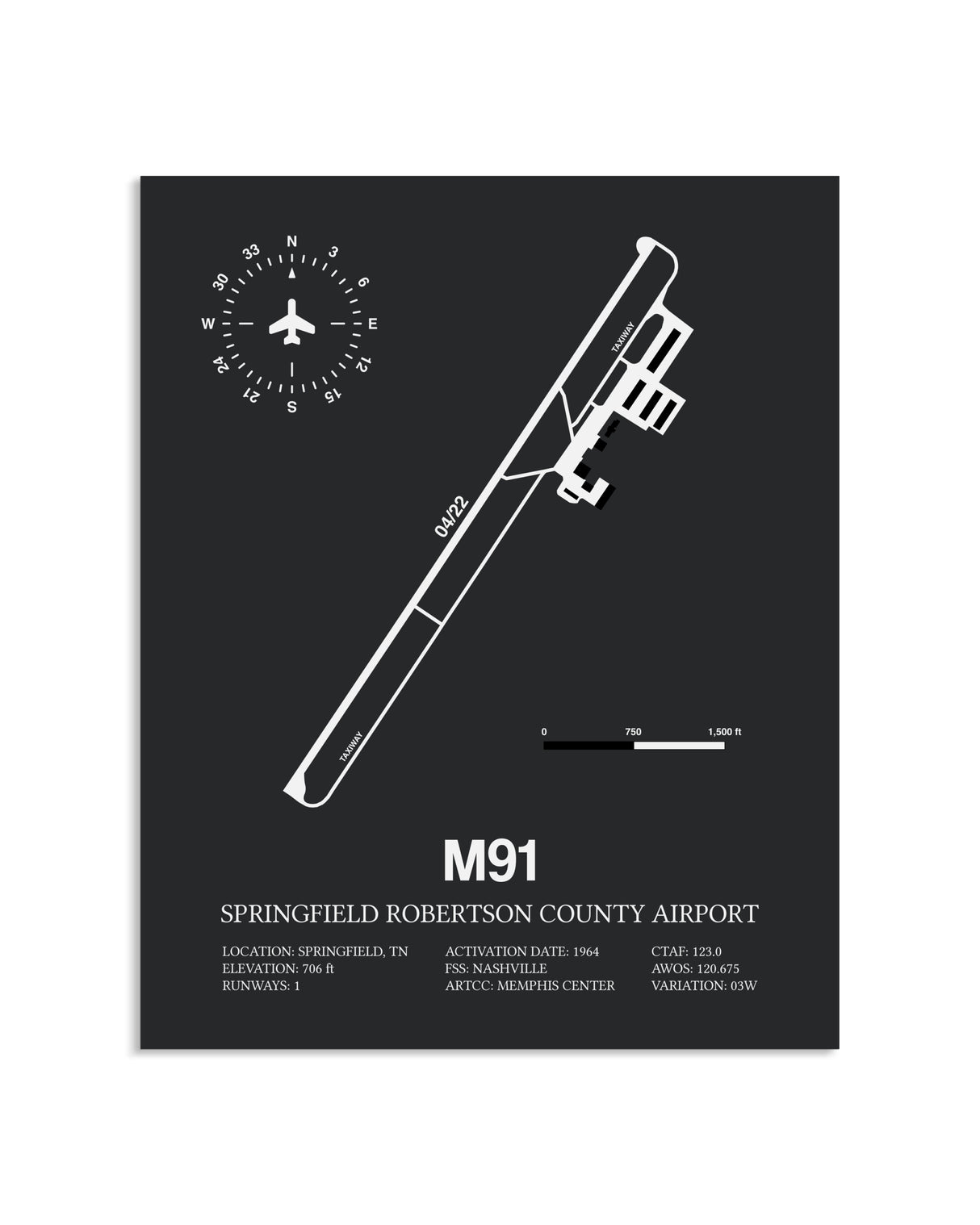 Gray Framed Springfield Robertson County Airport layout wall art poster