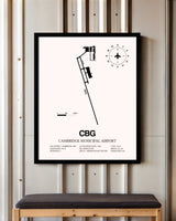 Cambridge Municipal Airport framed poster displayed in an airplane hangar