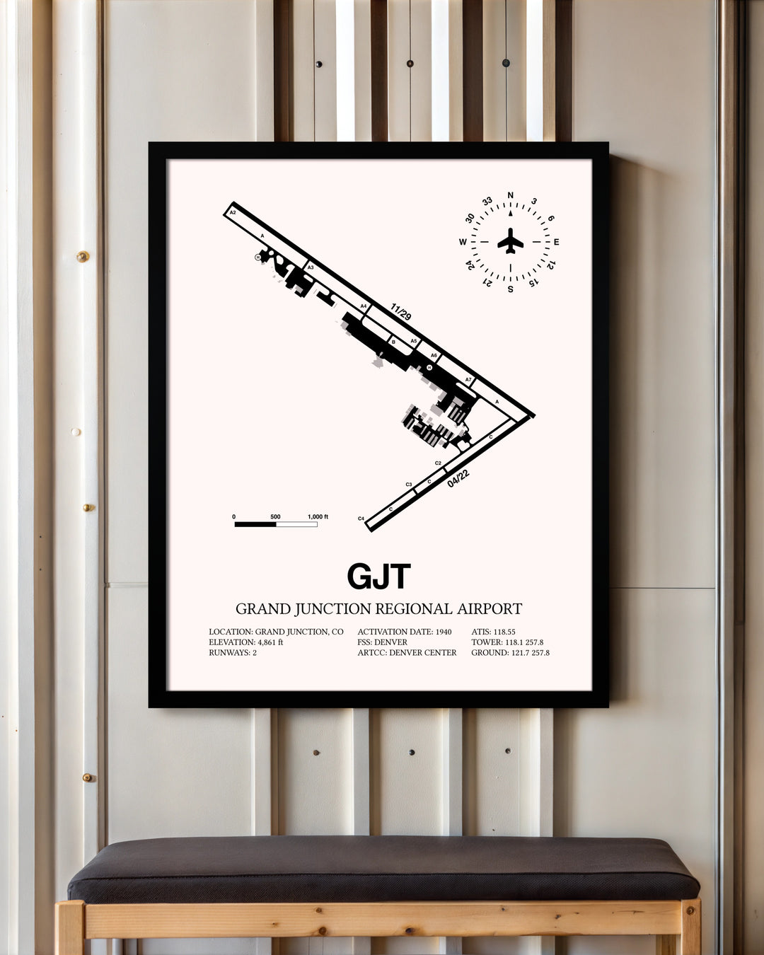 Grand Junction Regional Airport framed poster displayed in an airplane hangar