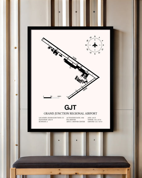 Grand Junction Regional Airport framed poster displayed in an airplane hangar