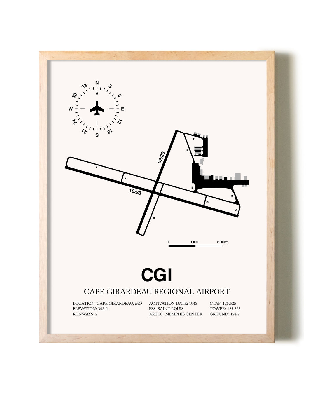 Cape Girardeau Regional Airport framed wall art in white frame
