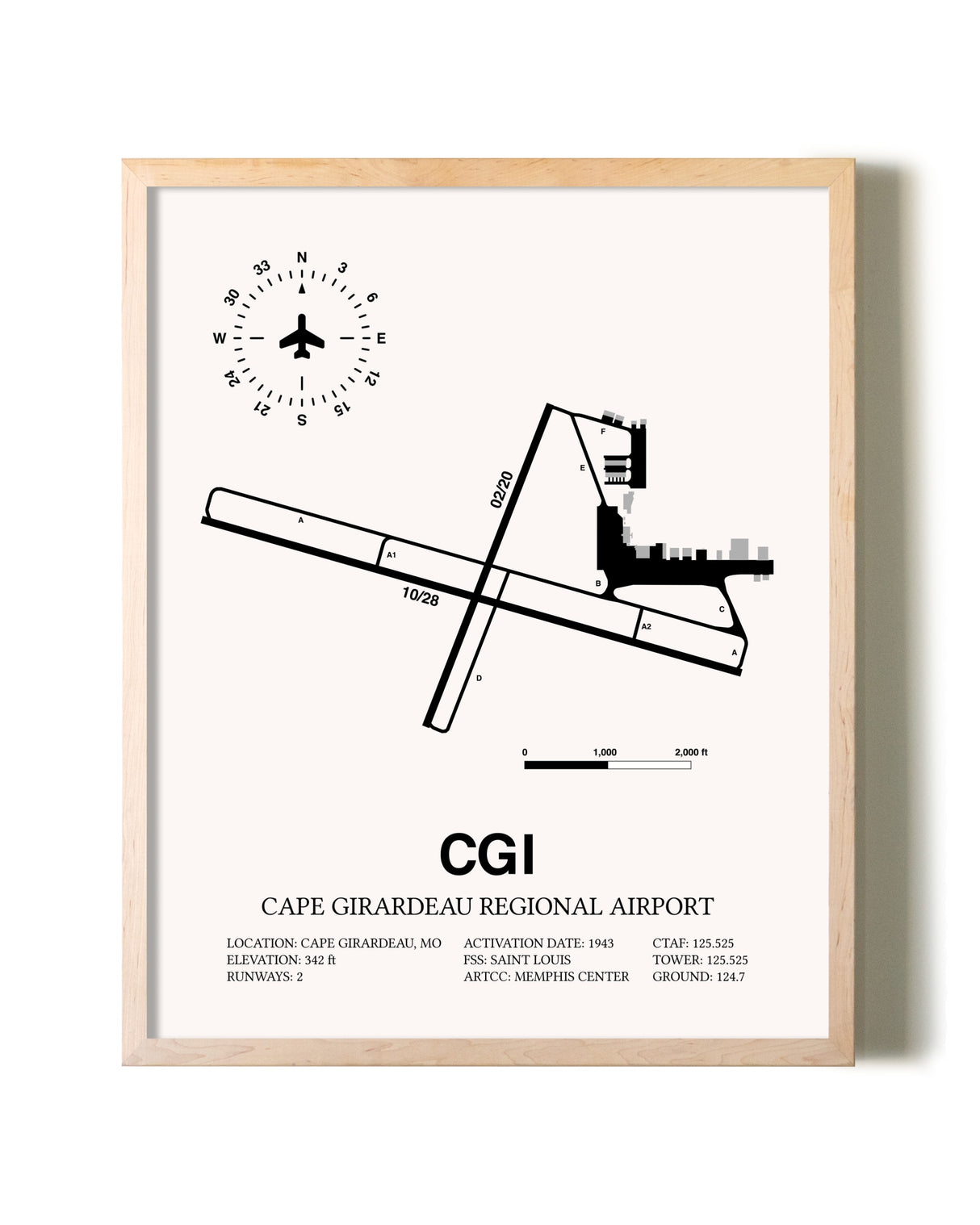 Cape Girardeau Regional Airport framed wall art in white frame