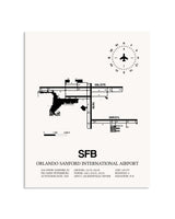 Gray Orlando Sanford International Airport framed poster displayed in an airplane hangar