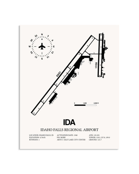 Gray Idaho Falls Regional Airport framed poster displayed in an airplane hangar
