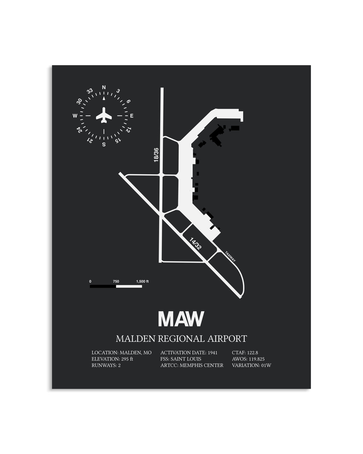 Gray Framed Malden Regional Airport layout wall art poster