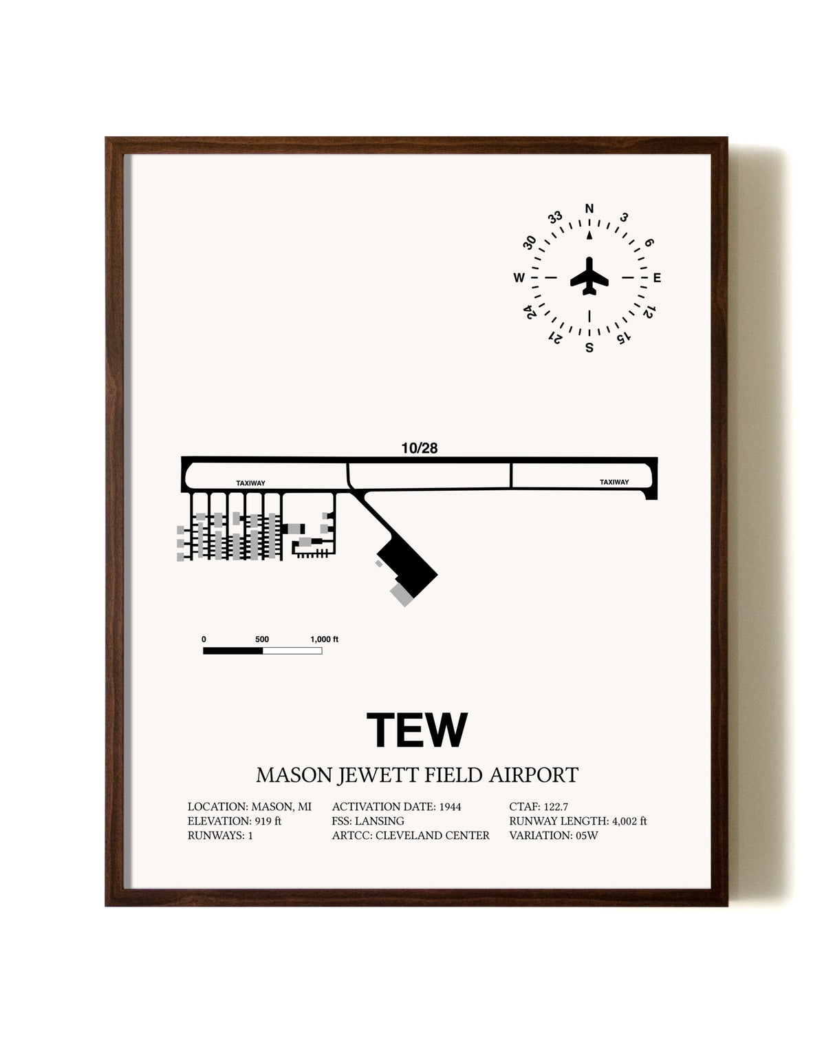 Mason Jewett Field Airport aviation print in walnut frame