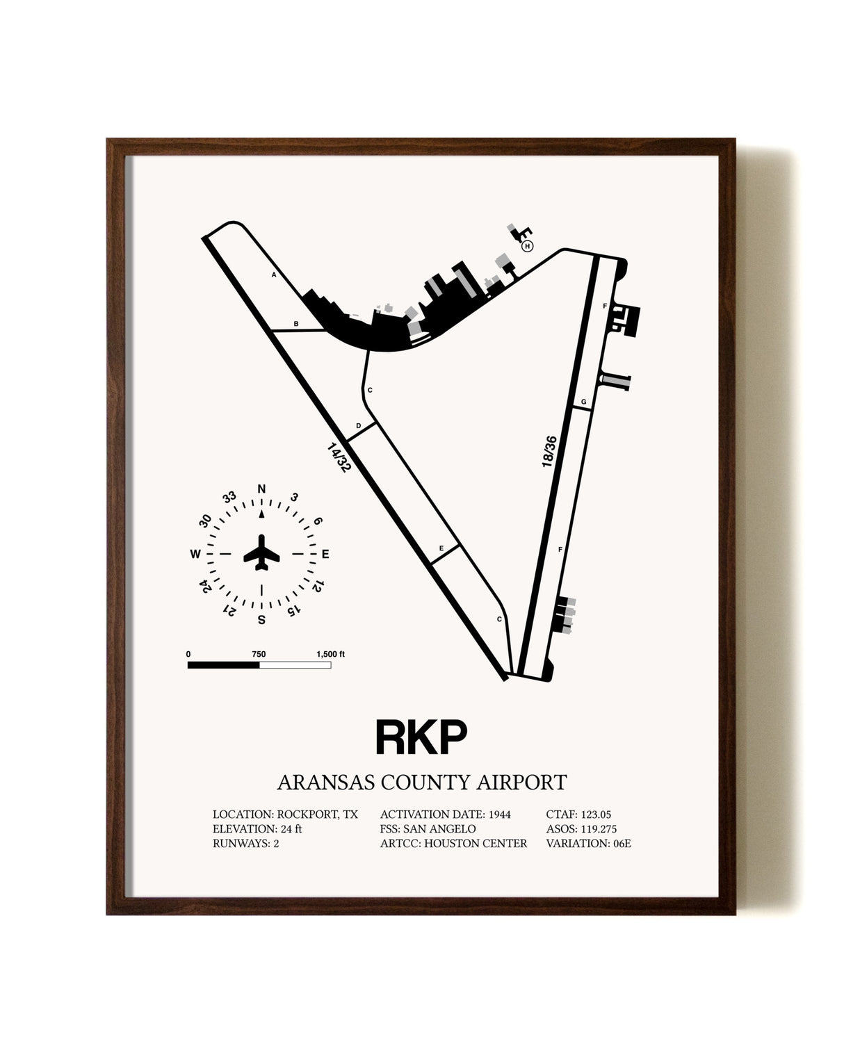 Aransas County Airport aviation print in walnut frame